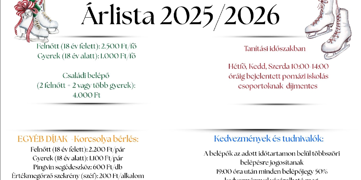 Szent István parki korcsolyapálya nyitvatartása és díjai a 2025/2026-ös évedban