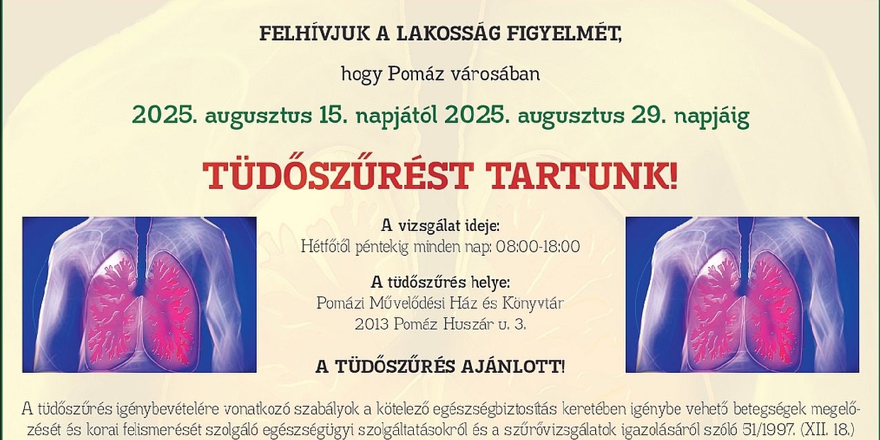 Tüdőszűrés lesz augusztus 15-29. között