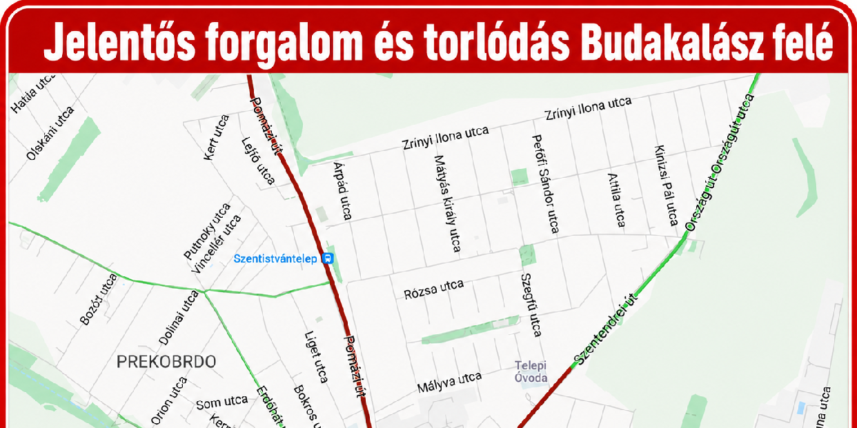 Budakalász felé, a Pomázi úton jelentős forgalomra és torlódásra kell számítani